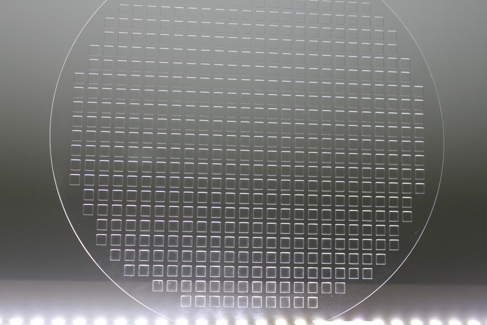 Etching Glass by HanaAMT: Glass wafer pattern, 0.27 inch cells on glass of 8 inch wafer